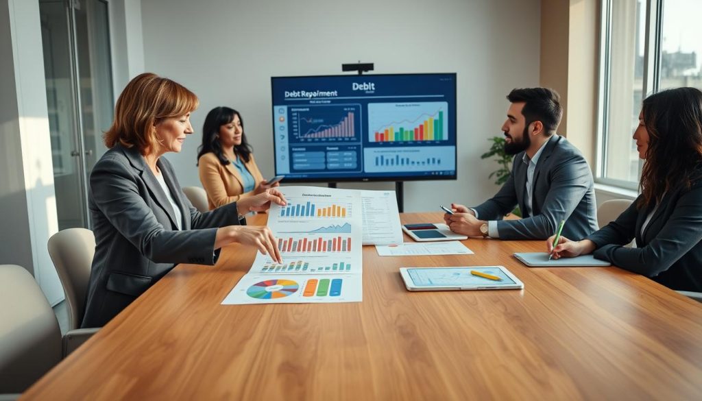 A professional office setting featuring a diverse group of financially savvy individuals collaborating over a large wooden table, analyzing various debt repayment strategies. In the foreground, a middle-aged woman in a business suit points to a colorful chart illustrating debt reduction techniques, while a young man in casual business attire takes notes on a tablet. In the middle, a financial consultant presents a strategic plan on a screen that shows graphs and timelines for debt repayment. The background should convey a bright, inviting atmosphere with large windows allowing natural light to flood the space, accentuated by modern decor. Capture the mood of determination and teamwork, with a warm color palette to create a conducive environment for discussion. Use a slightly elevated angle to emphasize the collaboration and engagement of the group.