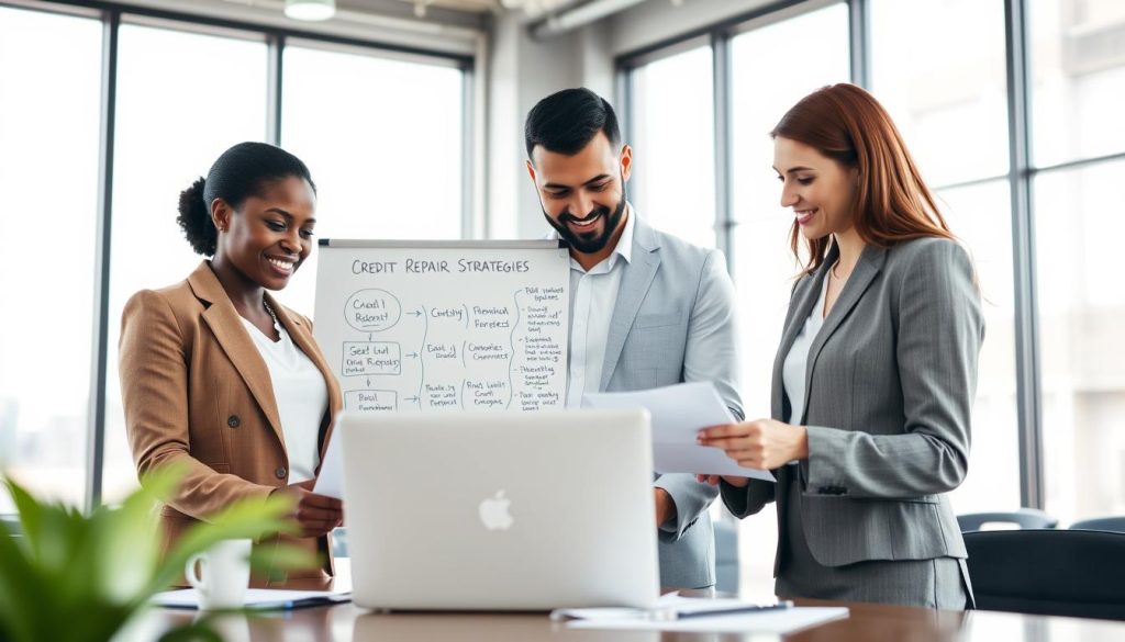 A professional setting showcasing effective credit repair strategies. In the foreground, a diverse group of three individuals, a Black woman, a Hispanic man, and a Caucasian woman, collaborating over a laptop and financial documents, dressed in smart business attire. The middle ground features a whiteboard with organized flowcharts and bullet points detailing credit repair tactics, symbolizing teamwork and strategic planning. The background shows a bright, modern office with large windows allowing natural light to flood in, creating a warm and inviting atmosphere. The scene is framed from a slightly elevated angle, emphasizing the focus on the working group while capturing the collaborative spirit of credit repair. The mood is optimistic and professional, representing empowerment and knowledge.
