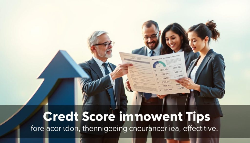 A visually appealing infographic representation of credit score improvement tips. In the foreground, include symbols of credit, such as a large upward-trending arrow and a credit report with numerical values enhancing visibly. In the middle ground, depict a diverse group of three professionals in business attire, analyzing the credit report with thoughtful expressions. One person, a middle-aged man with glasses, is pointing at the report, while a younger woman is taking notes. In the background, soft hues of blue and green convey a calm atmosphere, symbolizing financial growth and stability. Use warm, natural lighting to enhance the inviting feel of the scene. The overall mood is optimistic and encouraging, representing long-term financial wellness and strategies that are effective.