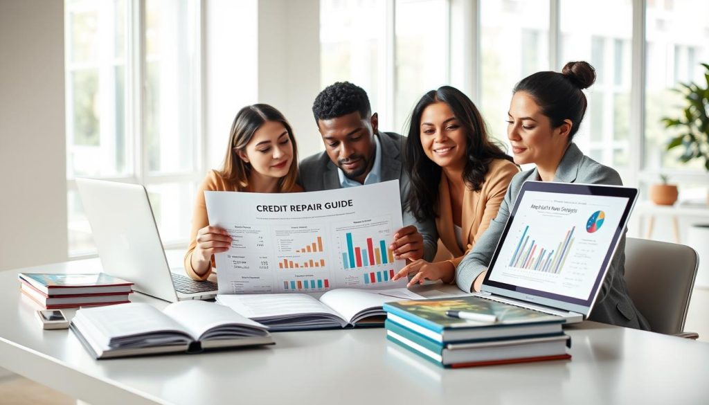 A visually engaging scene depicting a "bad credit repair guide." In the foreground, a diverse group of three professionals—a Caucasian woman, a Black man, and an Hispanic woman—are seated around a sleek, modern table, examining a large document that highlights credit repair strategies. The middle ground features an open laptop displaying graphs and charts representing credit scores, alongside a stack of financial books. In the background, a bright and airy office space with large windows allowing natural light in, creating an optimistic atmosphere. The mood is focused and collaborative, emphasizing hope and determination. Soft lighting enhances the professionalism of the scene, shot from a slightly elevated angle to capture all elements dynamically. A visually engaging scene depicting a "bad credit repair guide." In the foreground, a diverse group of three professionals—a Caucasian woman, a Black man, and an Hispanic woman—are seated around a sleek, modern table, examining a large document that highlights credit repair strategies. The middle ground features an open laptop displaying graphs and charts representing credit scores, alongside a stack of financial books. In the background, a bright and airy office space with large windows allowing natural light in, creating an optimistic atmosphere. The mood is focused and collaborative, emphasizing hope and determination. Soft lighting enhances the professionalism of the scene, shot from a slightly elevated angle to capture all elements dynamically.