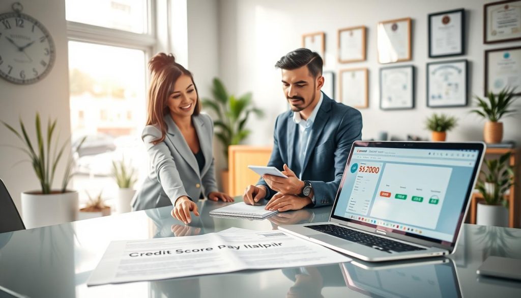 A well-lit office environment featuring a diverse group of three professionals engaged in an animated discussion about credit repair strategies. In the foreground, a confident woman in a smart business suit points to a document titled "Credit Score Improvement Plan" spread out on a sleek table. The middle ground captures a thoughtful man in smart casual attire jotting down notes while a laptop displays graphics of improving credit scores. The background is softly blurred, showing a large window with natural light filtering through, plants decorating the space, and certificates on the wall, suggesting expertise and professionalism. The mood is vibrant, focused, and optimistic, reflecting the theme of legitimate credit repair methods.