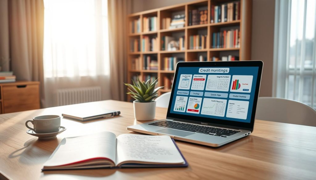 A well-organized workspace setting, featuring a sleek desk illuminated by soft, natural light streaming through a large window. In the foreground, a laptop displays various credit-building tools on its screen, such as credit monitoring apps, budgeting spreadsheets, and loan calculators. Beside the laptop, an open notebook with handwritten notes on credit improvement strategies. In the middle ground, a modern potted plant adds a touch of greenery, while a stylish coffee cup enhances the inviting atmosphere. In the background, a bookshelf filled with financial self-help books creates an atmosphere of learning and growth. The overall mood conveys professionalism and empowerment, emphasizing the proactive approach to managing credit. The image should have a warm, inviting color palette, with a shallow depth of field focusing on the desk setup.